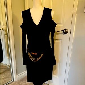 Donna Karan black cold shoulders dress with chain belt size M
